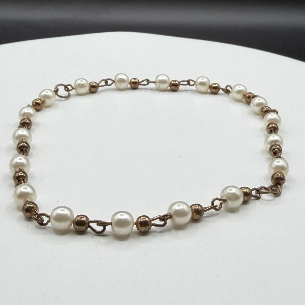 Faux Pearl Bronze Tone Link Chain Bracelet Coquette Romantic Boho Jewelry Gift